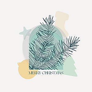 Christmas Vector Background Decorative Layout. Spruce Branch with Holiday Geometry Shapes Boho Label. Contemporary Art