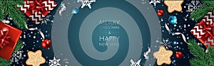 Christmas vector background. Design greeting card, banner, poster. Top view gift box, xmas decoration balls and