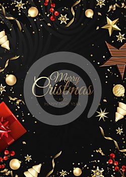 Christmas vector background. Design greeting card, banner, poster. Top view gift box, xmas decoration balls and