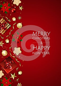 Christmas vector background. Design greeting card, banner, poster. Top view gift box, xmas decoration balls and