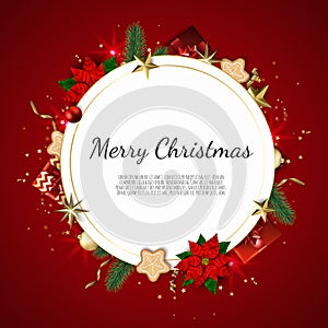 Christmas vector background. Design greeting card, banner, poster. Top view gift box, xmas decoration balls and