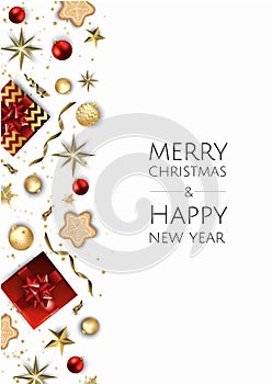 Christmas vector background. Design greeting card, banner, poster. Top view gift box, xmas decoration balls and