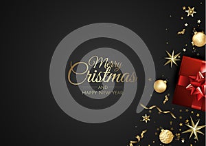 Christmas vector background. Design greeting card, banner, poster. Top view gift box, xmas decoration balls and