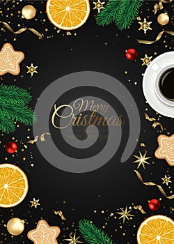 Christmas vector background. Design greeting card, banner, poster. Top view gift box, xmas decoration balls and