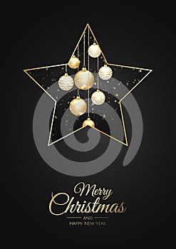 Christmas vector background. Design greeting card, banner, poster. Top view gift box, xmas decoration balls and