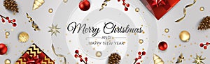 Christmas vector background. Design greeting card, banner, poster. Top view gift box, xmas decoration balls and