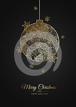 Christmas vector background. Design greeting card, banner, poster. Top view gift box, xmas decoration balls and