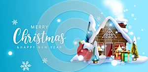 Christmas vector background design. Merry christmas greeting text with miniature house, trees and ball elements in snow frost.