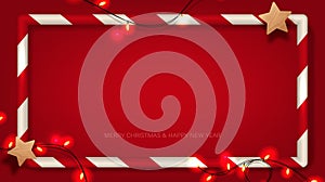 Christmas vector background with Square candy frame, Stars, Decoration lights on Red background.