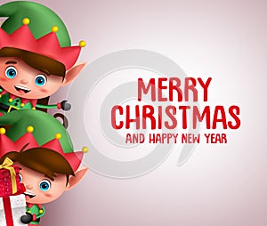 Christmas vector background template with kid elves characters