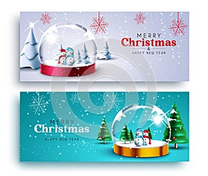 Christmas vector banner set. Merry Christmas greeting text with snow man and crystal glass ball in snowy outdoor background.