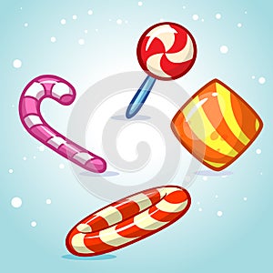 Christmas vector candy set. Colorful wrapped sweet, lollipop, cane.
