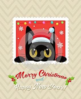 Christmas Vector Card With Cute Cat. Holiday Cartoon Greeting Card. Merry Christmas.