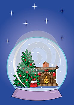 Christmas vector card with a snow globe in which a decorated Christmas tree, fireplace, candles and a bag with gifts