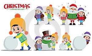 Christmas vector character set. Christmas kid characters in playing snow, skating and caroling with santa claus for xmas winter.