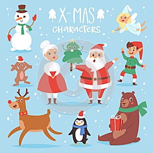 Christmas vector characters cute cartoon Santa Claus, snowman, Reindeer, Xmas bear, Santa wife, dog New Year symbol, elf