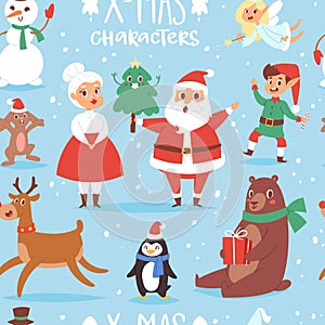 Christmas vector characters cute cartoon Santa Claus, snowman, Reindeer, Xmas bear, Santa wife, dog New Year symbol, elf