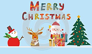 Christmas vector characters like santa claus, reindeer and snowman holding gift