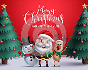 Christmas vector characters like santa claus, reindeer and snowman holding gift
