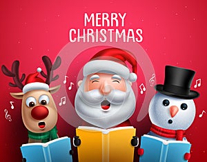 Christmas vector characters like santa claus, reindeer and snowman singing christmas carols