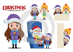 Christmas vector characters set. Christmas character kids in talking santa, holding gifts and white board isolated for xmas.