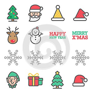 Christmas Vector Color Line Icon Set. Contains such Icons as Santa, Snowflake, Elf, Snowman, Christmas Hat, Gift Box and mor