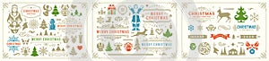 Christmas vector decoration elements with ornate vignettes and symbols set.