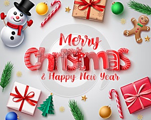 Christmas vector design concept. Merry christmas holiday season greeting card with 3d xmas elements.