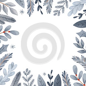 Christmas vector frame. Winter postcard in flat cartoon style. Happy new year. Botanical border with blue fir branches, leaves,