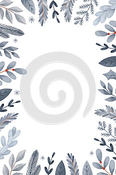 Christmas vector frame. Winter postcard in flat cartoon style. Happy new year. Botanical border with blue fir branches, leaves,