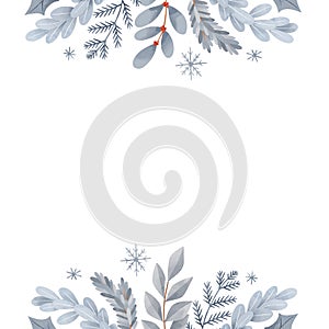 Christmas vector frame. Winter postcard in flat cartoon style. Happy new year. Botanical border with blue fir branches, leaves,