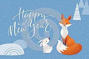 Christmas vector greeting card with cartoon fox and rabbit