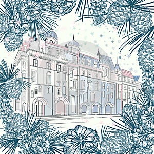 Christmas vector greeting card with fur branches and vintage city building