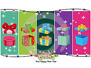 Christmas vector icons Gifts box set. Celebration event for topics like Christmas, new year, decoration. Vector clipart