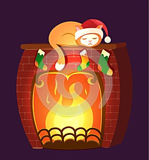 Christmas vector illustration - cat sleeping on a fireplace