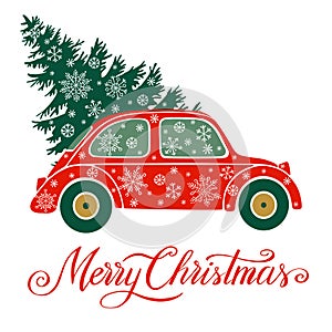 Christmas vector illustration with christmas tree, car and snow.