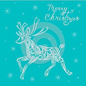 Christmas vector illustration of a reindeer on a blue background. Lettering Merry Christmas. Caligraphy. Snowflakes. New Year.