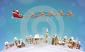 Christmas, vector illustration. Santa Claus rides in sleigh pulled by reindeer over city