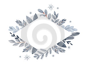 Christmas vector label. Winter floral postcard with snowflakes in flat style. Happy new year. Botanical border with blue fir