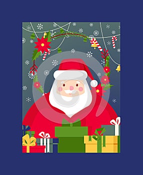 Christmas vector Merry Xmas greeting card with santa claus new year tree and gifts background illustration of santas