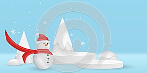 Christmas vector minimal 3d scene for display your product. Emotional cartoon snowman on the background of decorative fir trees