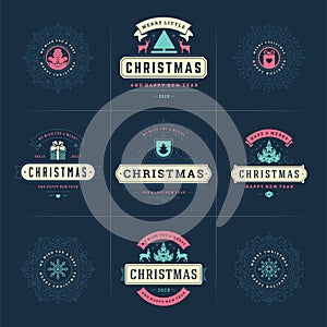 Christmas vector ornate labels and badges set with happy new year holidays wishes typography for greeting cards
