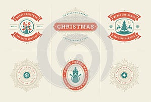Christmas vector ornate labels and badges set with happy new year holidays wishes typography for greeting cards