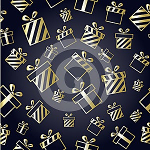 Christmas vector pattern with gold gift boxes on black background