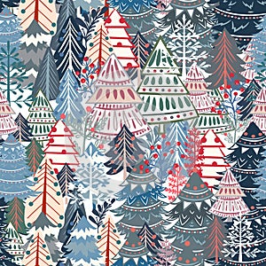 Christmas vector pattern with nordic style Xmas trees