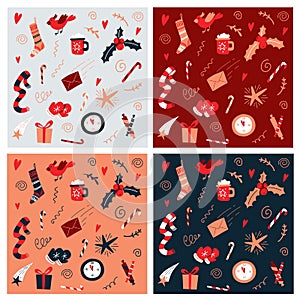 Christmas vector patterns with festive elements of colored flats