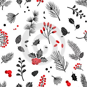 Christmas vector plants seamless pattern, holly berry, christmas tree, pine, leaves branches, winter background. Vintage nature