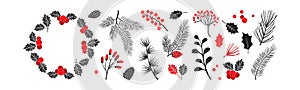 Christmas vector red and black decor elements. Wreath holly berry, winter plants, fir and pine cone, evergreen leaves branches.