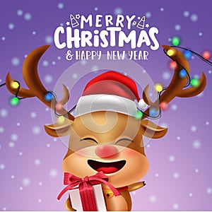 Christmas vector reindeer character banner design. Merry christmas text with cute reindeer animal character with gift and colorful