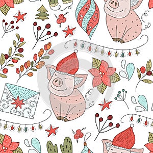 Christmas vector seamless pattern with detailed holiday illustrations.